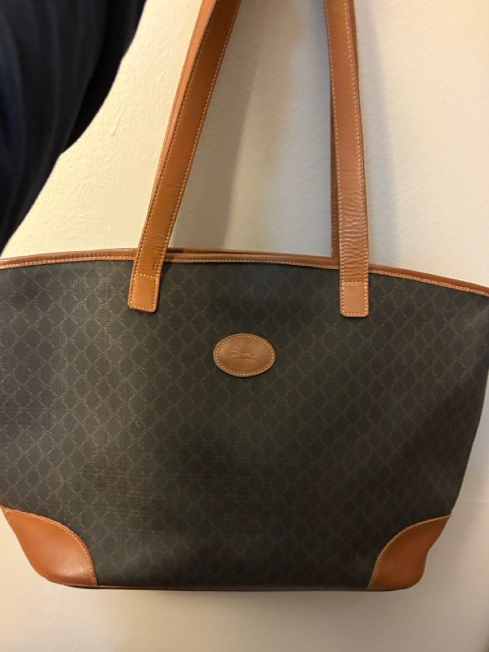 Longchamp Brown Patterned Tote with Tan Leather Trim